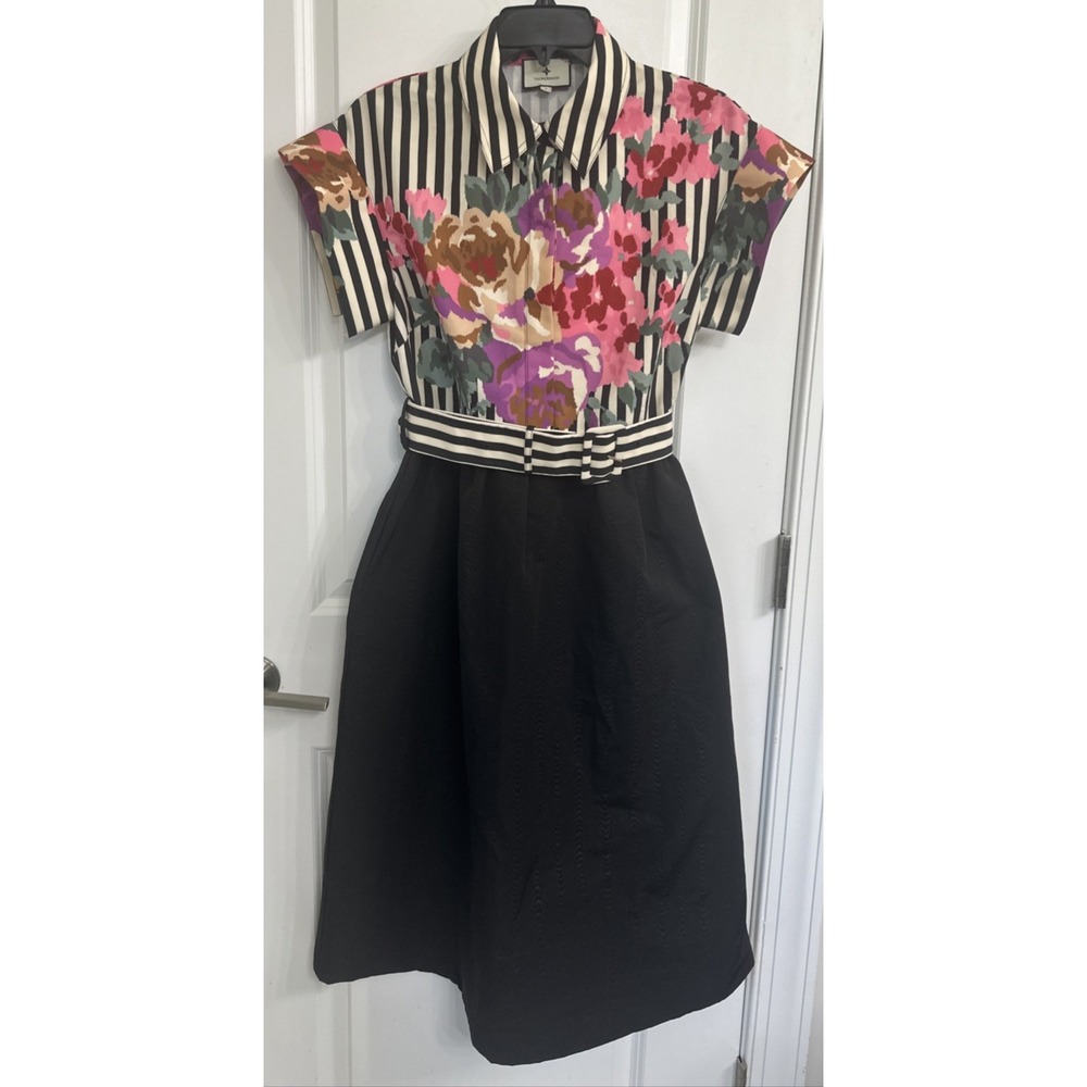 Tuckernuck Size Small Flowering Trellis Chloe Midi Dress S/S Black Floral Stripe - Picture 5 of 16